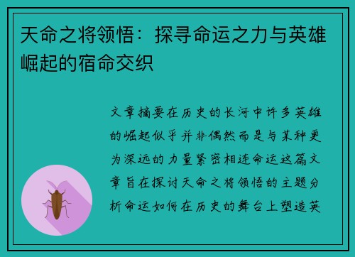 天命之将领悟：探寻命运之力与英雄崛起的宿命交织